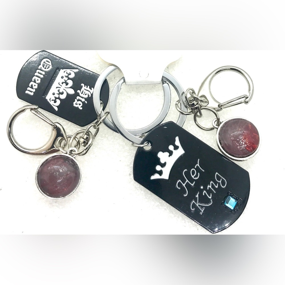 Pair of Keychains His Queen Her King pieces with handmade globes